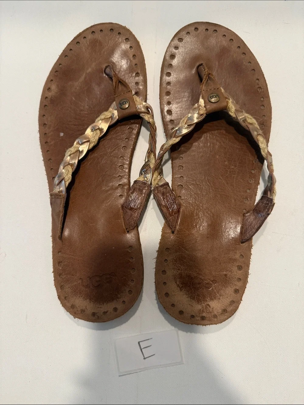 UGG Women's Brown Leather Braided Thong Sandals with Metallic Braids